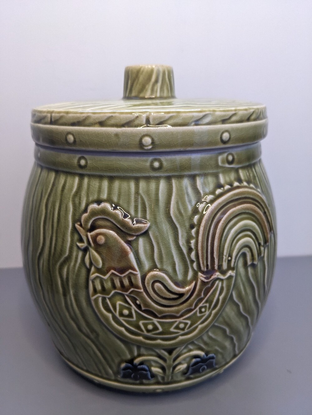 Vintage ESD Japan Rooster Lidded Jar 9 Inch Raised Motif Mid Century Farm Decor